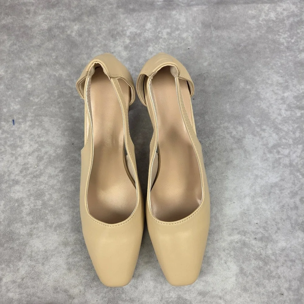 Nude Beige Pointed Toe Block Heel Pumps with Side Cutouts Size 6.5